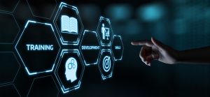 Digital interface illustrating training, development, and skills with a person interacting with virtual icons — representing workplace learning and professional development.