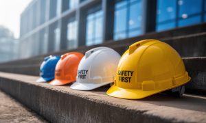 four construction helmets